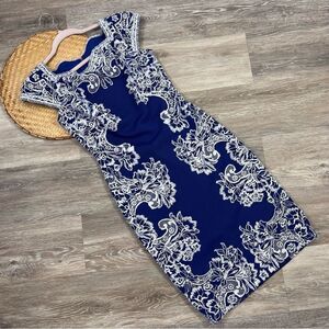 Tadashi shoji blue and‎ white lace sheath dress women’s size S